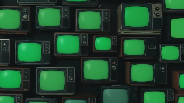 A wall of stacked vintage televisions showing glowing green chroma key screens for a retro concept.