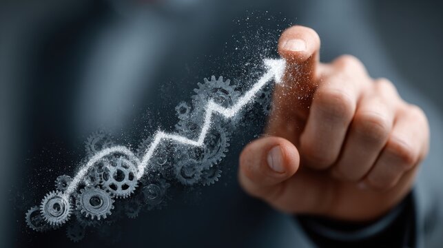 Finger touches rising arrow of gears, conceptual progress, gray background