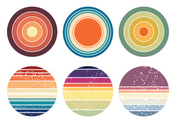 Sun 80s in retro style. Sunset retro badge and emblem set. Retro sunset collection. Abstract ocean view background inside circles shapes. Perfect for sticker, logo, icon, t-shirt or any purpose