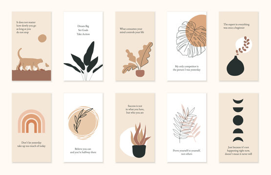 Motivational quotes set. Illustrations for social media, posts. Short inspirational quotes in beige color palette, minimalist style