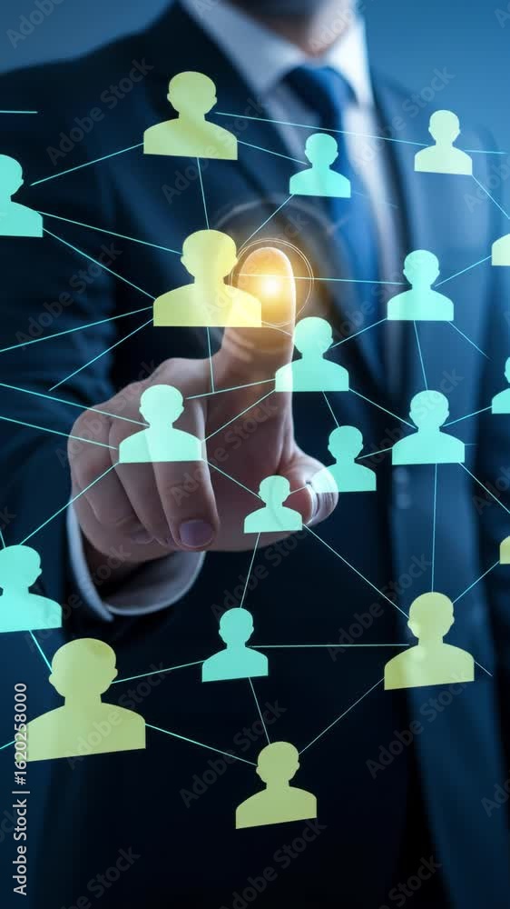 Poster businessman selecting a glowing digital user icon from a connected network of profiles. concept of h