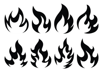Crayon drawn black fire flames icons collection.  Fire flame symbol vector. Hand drawn doodle flames sticker. Fire icon collection. Bonfire, fire silhouette logotype. Flames symbols set flat style 
