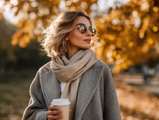 Woman in grey coat and beige scarf holding cup of takeaway coffee outdoors in autumn. Golden leaves and soft sunlight create feeling of warmth and coziness. lifestyle, fashion and leisure