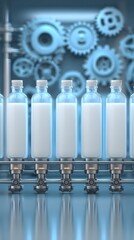 A row of transparent bottles filled with liquid, positioned on a conveyor in front of mechanical gears, showcasing a modern industrial process.