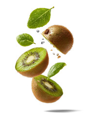 Fototapeta premium green kiwi and green leaves on white