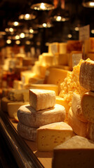 Large chunks of cheese sit on display at a supermarket or farmers market