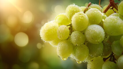 Close up of a bunch of ripe green grapes covered in water droplets with a soft golden bokeh...