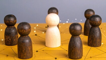Wooden figurines in circular network on yellow background, symbolizing leadership and community.