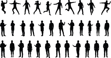 Human silhouettes vector set, CAD drawing flat illustration, business casual poses, male female figures, jumping walking standing, communication gestures, black shadow outlines, modern 