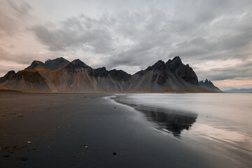 Scenic view of Vestrahorn mountain from the beach shore, Iceland.