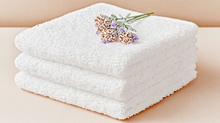 Elegant towel stack with lavender sprig indoor spa setting still life photography minimalist aesthetic