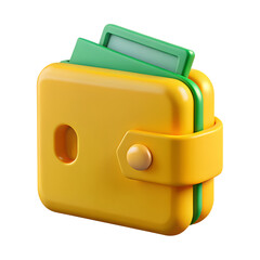 Yellow wallet with green banknote. 3D illustration of personal finance, money savings, smart budgeting and investment growth concept