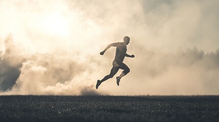 The athlete is doing an explosive jump warmup foggy early morning, a sportsman running in the field. 