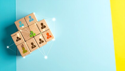3x3 grid of wooden blocks with colorful human icons on multicolor background, symbolizing social network.