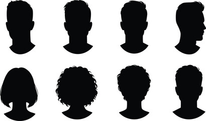 Silhouette head profiles collection, male female hairstyles, black cad drawing flat vector illustration, diverse haircuts, front and side view, face outline set design