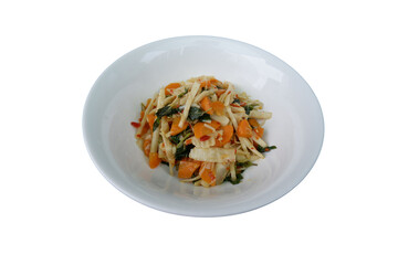 Pickled bamboo shoots and basil, a delicious vegetarian dish.