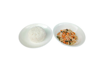 Steamed Rice and Mixed Vegetable Stir-Fry in Serving Bowls
