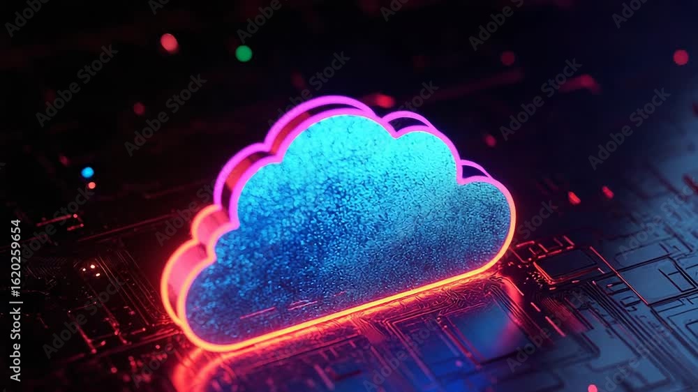 Poster neon cloud computing symbol floating over motherboard circuitry