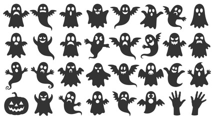 A collection of halloween themed black ghosts and a pumpkin with different expressions on a white background silhouette