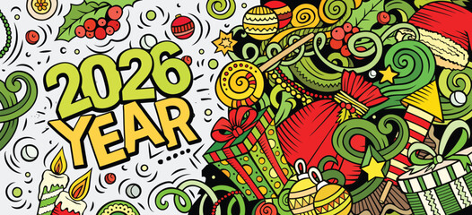2026 doodles horizontal illustration. New Year objects and elements banner