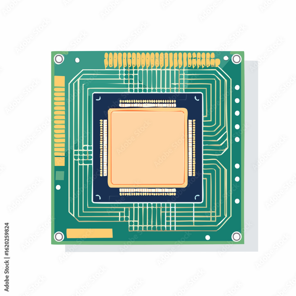 Poster a detailed illustration of a central processing unit cpu chip on a green printed circuit board with 