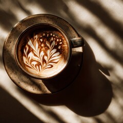 Artistic coffee cup with intricate shadow patterns coffee shop photography indoor top view visual aesthetics