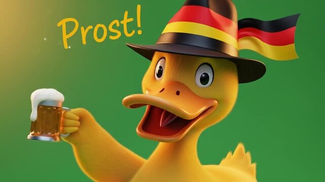Animated Duck Cheers with Beer, German Flag, "Prost!" Greeting.