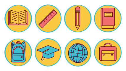 School Educational elemants icons set in including books graduation cap ruler pencil and compass