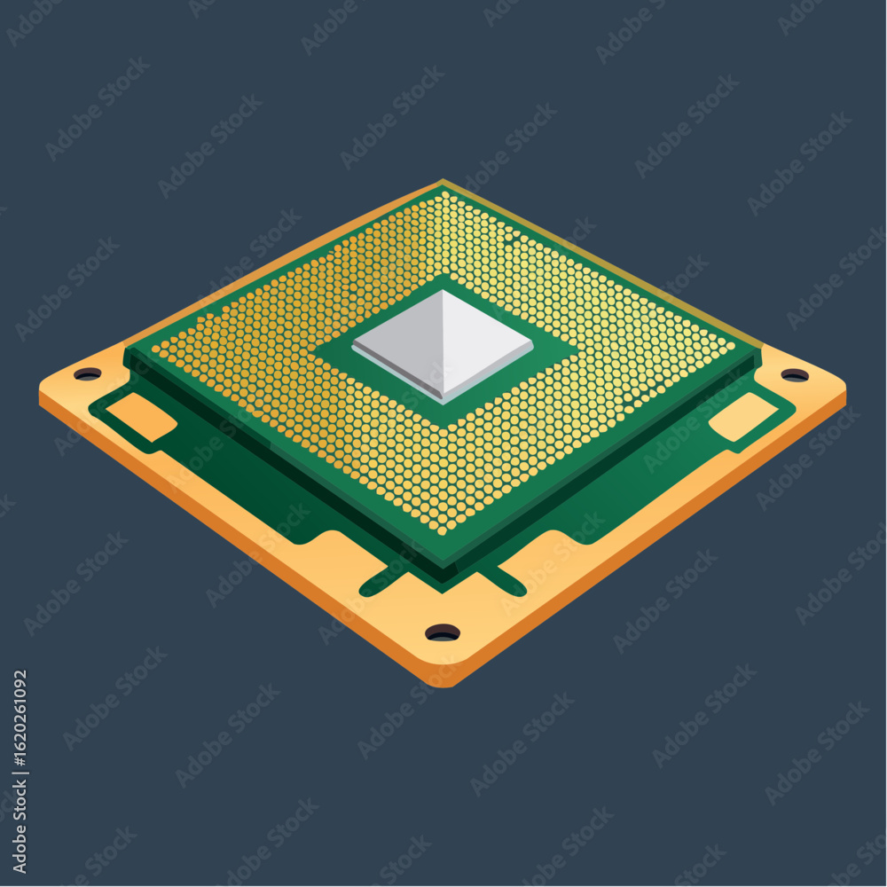 Poster an isometric illustration of a modern computer processor chip with a detailed surface of pins and a 