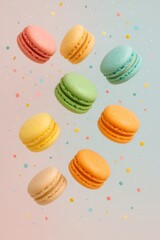 Floating Colorful Macarons with Blue Pastel Confetti
