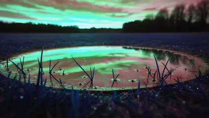 Low angle view of a puddle reflecting a colorful sky with grass in the foreground reflection clouds