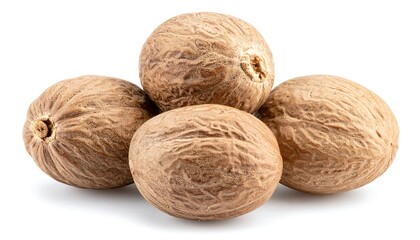 Pile of fragrant nutmeg seeds stacked on a clean white surface ready for cooking