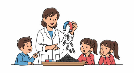 Teacher demonstrates magnetism to captivated students using a horseshoe magnet and iron filings.