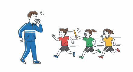 Coach encourages children in a relay race, masks on.