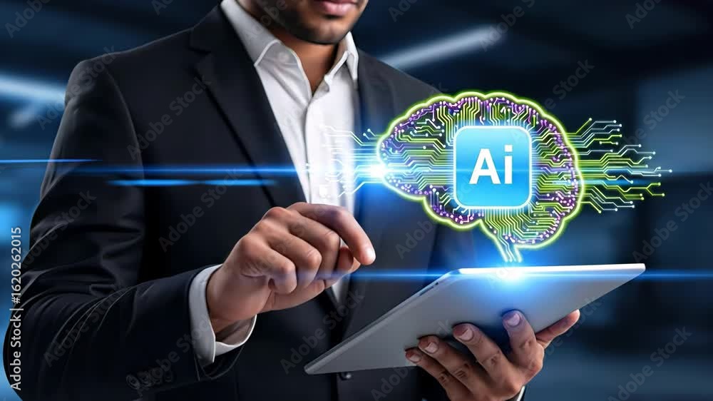 Aufkleber businessman interacting with glowing ai brain hologram using a digital tablet in a futuristic settin