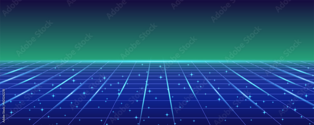 Poster press start retro video game background. abstract grid background for retro digital video game scree