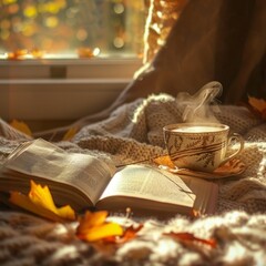 a cozy reading scene with a steaming cup of tea, an open book on a wool blanket, soft autumn leaves around, golden light through window, peaceful and warm atmosphere