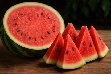 Fresh juicy watermelon slices displayed.