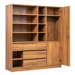Wooden Wardrobe With Shelves isolated on transparent and white background.