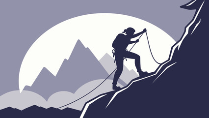Mountain climbing adventure woman silhouette with rope and backpack vector illustration design art