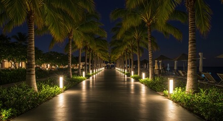 Fototapeta premium Lighted Pathway Through Palm Trees at Night