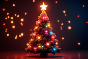 Sparkling Christmas Tree with Golden Star Topper in Snowy Night