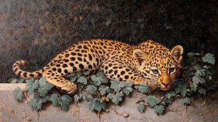Playful Cub on Leafy Ground Under Natural Light