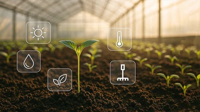 Healthy seedlings grow in rows under warm light in greenhouse, surrounded by soft glowing icons showing plant health in digital farming