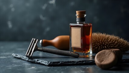 Men’s grooming kit with razor and cologne on dark slate background for masculine lifestyle concept