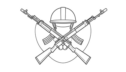 Outline drawing of crossed assault rifles with a military helmet icon design