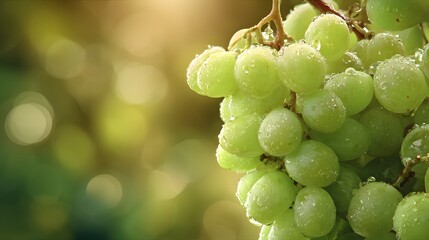 Fresh green grapes with water droplets in soft sunlight against a blurred green and gold background