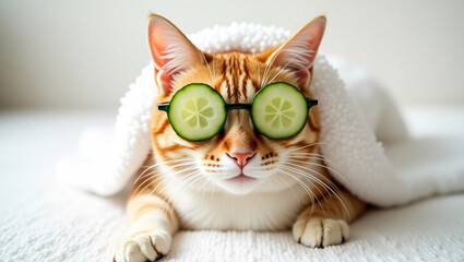 An orange tabby cat wears a white fuzzy wrap and cucumber-slice “sunglasses,” looking cute and relaxed.