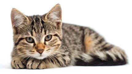 Obraz premium An adorable kitten resting peacefully. It has a striped pattern on its fur and is looking directly at the viewer