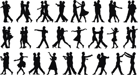 Silhouettes of couples dancing in various poses arranged in rows on a white background in a pattern